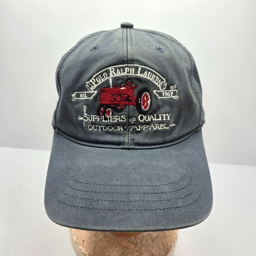 Vtg Polo Ralph Lauren Red Tractor Faded Blue Outdoor Dad Hat Leather Strapback